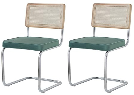 GrandCA HOME Modernes 2er-Set Esszimmerstühlen mit Rückenlehne aus Natürlichem Rohrgeflecht und Gestell aus Rostfreiem Chrom, Gepolsterte Küchenstühle aus Rattan,Grün