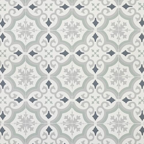 Sage Grey Victorian Tile Effect Eclipse Vinyl Flooring 2mm Thick Lino Roll Bathroom Kitchen (3m Wide x 2.5m Long)