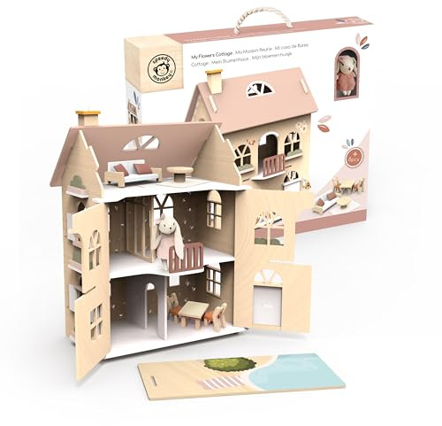 Speedy Monkey Flowers Cottage startset: Elegant dockhus i trä | vackert flerfärgat lekhus | FSC-certifierad inkluderar möbler, säkra småhus träleksaker för barn