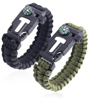 AEIOPRS 2 Pulsera de Supervivencia al Aire Libre con Pedernal Hebilla Brújula Cuchillo y Silbato Ideal para Actividades al Aire Libre