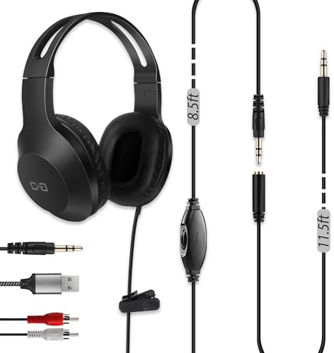 DUNGZDUZ - Extra long 20ft cable TV and PC headset with volume control, TV headset with extension cable, 3.5mm aux jack with USB and RCA adapters for more