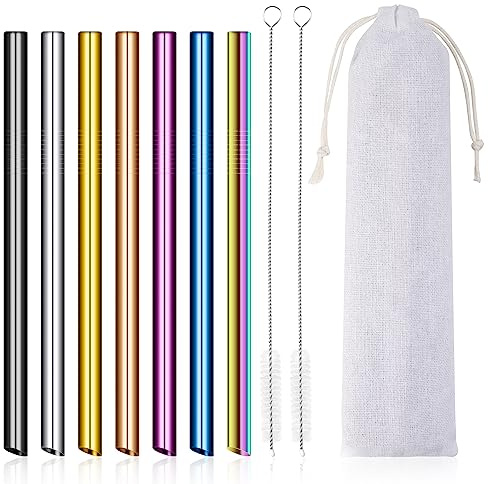 Strohhalme Metall Wiederverwendbar Trinkhalme Edelstahl Bubble Tea Strohhalme Extra Breite Trinkröhrchen Set mit 2 Reinigungsbürsten für Smoothie, Saft, Kaffee 12mm × 21,5cm Regenbogenfarben