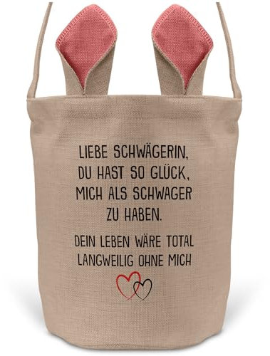 22Feels Ostern Geschenk Schwägerin Osterkorb von Schwäger mit Henkel Tragetasche Deko Osternest Körbchen Hasenohren (Beige/Pink)