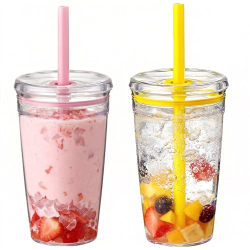 Yisituo 2 Pack 450ml Clear Plastic Iced Coffee Travel Cups, Reusable with Lids and Straws, for Cold Hot Beverages (2, Pink, Yellow)