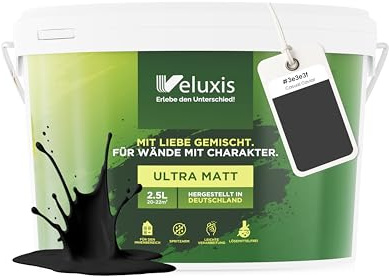 Veluxis Wandfarbe Schwarz Anthrazit Grau matt 2,5 L – Casual Caviar | Innenfarbe mit Deckkraft Klasse 1, VOC-frei, ohne Grundierung, tropfarm, für Wohnzimmer und Schlafzimmer