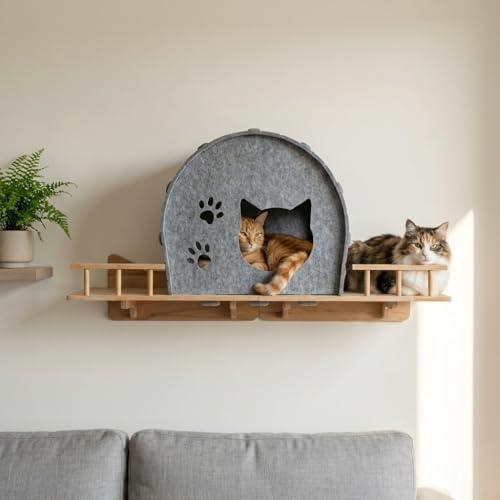 Wandmontierte Katzenhöhle aus Filz für große Katzen, geräumig und platzsparend, Stabiler Holzrahmen, ideal für mehrere Katzen und große Haushalte, sichere Holzstützen für Wandmontage