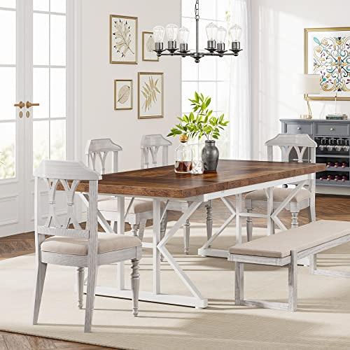 Tribesigns Farmhouse Dining Table for 6 People, 63-Inch Rectangular Wood Dining Table, Rustic Kitchen Table with Heavy Duty Metal Legs for Dining Room (Brown/White)
