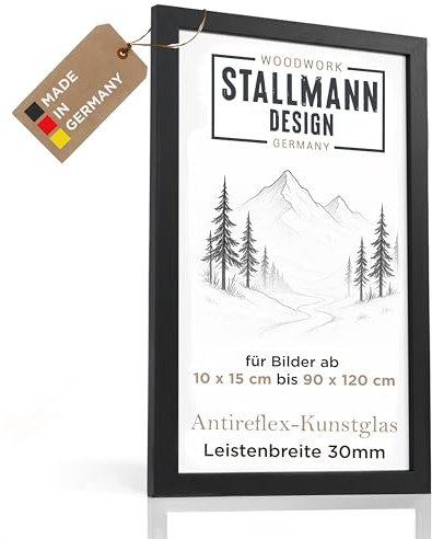 Stallmann Design Bilderrahmen 50 x 70 in Schwarz | mit Anti-Reflex-Kunstglas | 30 mm breite Rahmenleiste