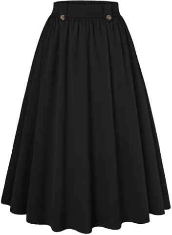 Belle Poque Rock Schwarz Damen Damen Wadenlanger Faltenrock mit Seitentaschen Herbst A-Linie Hoch tailliert Eleganter Freizeitrock Schwarz M