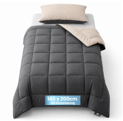 Slaapspeciaal Bettdecke ohne Bezug 135x200 - Ganzjahresdecke Wärmeklasse 2 | Steppdecke mit Gelfasern für Daunengefühl [Softcell Füllung] - Extra Weich - Inklusive waschbarem Kissenbezug - Grau Beige