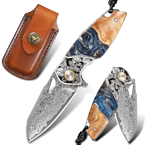 Taschenmesser aus Damaszenerstahl，Klappmesser für Männer und Frauen，Mit Lederscheide，Griff aus Harz und Ahornholz，Geeignet für Outdoor-Camping, Wandern und Angeln EDC-Messer