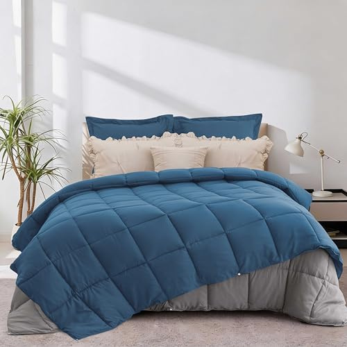 HIG 3-teilig 4 Jahreszeiten Bettdecken 135x200cm mit Kissenbezug 80x80cm, 300gsm Ganzjahresdecke + 150gsm Sommerdecke＝450gsm Winterdecke, 3 in 1 Steppdecke Flauschig (Blau/Hellgrau)