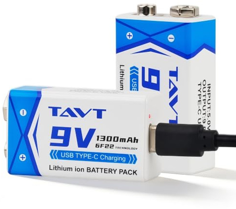 TAVT 2 batterie ricaricabili da 1300 mAh 9 V con porta di ricarica USB-C per giocattoli, rilevatori di fumo, multimetri, walkie-talkie, microfoni