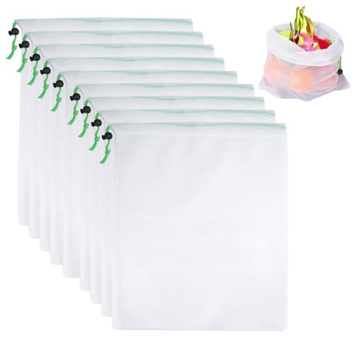 10Pcs Reusable Netted Mesh Bags, 30 x 35cm Mesh Fruit Bags with Drawstring | Washable Produce Drawstring Mesh Bag, Eco-Friendly Net Storage for Fruit and Vegetable, Storage and Organization