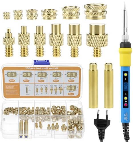 QWORK® 139 piezas insertos roscados y soldadura kit, soldador LED ajustable de 80 W con 130 insertos roscados, 6 puntas de soldadura y 2 adaptadores.