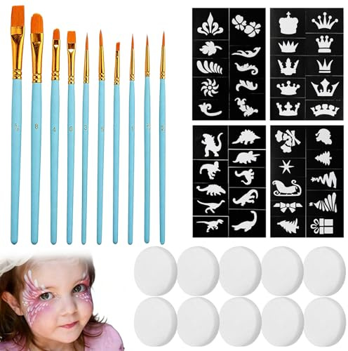 10 Stück Kinderschminken Pinsel Set - Schminkpinsel Set, Kinderschminken mit 10 Schwamm und 4 Schablonenaufkleber, Hochwertige Nylonborsten für Karneval Weihnachten Mottopartys & Körperkunst, Hellblau
