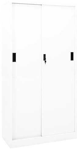Foknhdi Armadietto da ufficio in acciaio bianco, 90 x 40 x 180 cm, porta scorrevole con serratura, armadietto per documenti