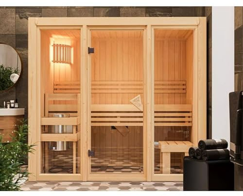 Karibu Avari 2 | Sauna Intérieur Traditionnel en Bois Massif 2-3 Places 68mm | Poêle 3,6KW, Façade Vitrée, Banc en Tremble | Dimensions 216x122cm