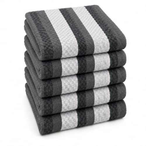 URBAN GROOVE Tea Towels 5 Pack, 100% Cotton Tea Towels, Kitchen Towels, Grey & White Dish Cloths, Super Absorbent, Quick Drying, Machine Washable, 60 x 40 cm