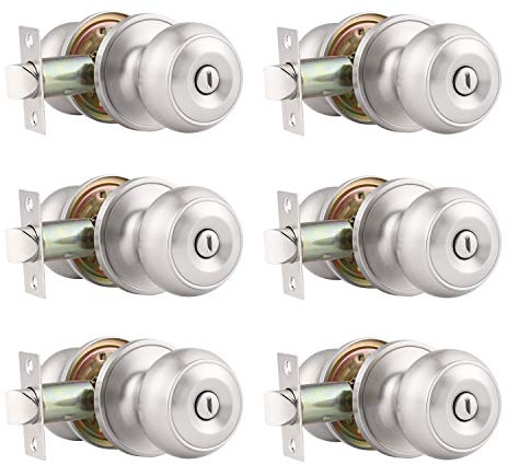 Probrico 6 Pack Round Privacy Door Knob(Thumb Turn Lock on The Inside), Keyless Doorknobs Interior/Exterior Lockset,Privacy Knobs for Bedroom/Bathroom,Satin Nickel Modern Design Door Hardware