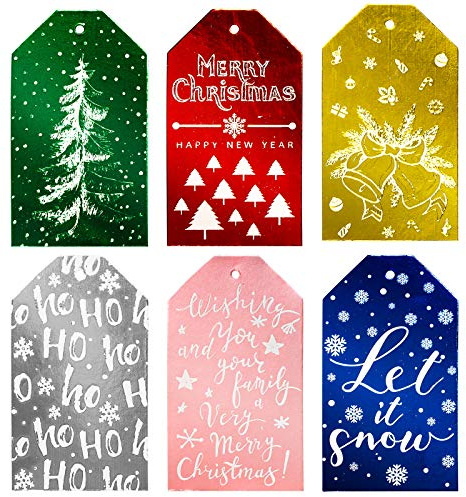Whaline Christmas Paper Gift Tags Merry Christmas Foil Xmas Tree Snowflake Bell Tags with Jute Twine Pre-Punched with Holes Hanging Labels for Winter Holiday DIY Gifts Party Decor, 60 Pack, 6 Design