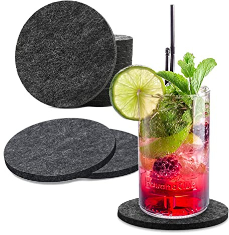 wortek Filzuntersetzer rund für Gläser – 8er Set Glasuntersetzer für Getränke, Tassen, Bar, Glas - Ø 10cm Tischuntersetzer waschbare Untersetzer Gläser Schwarz Glas Untersetzer-Set