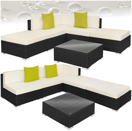 TecTake® Conjunto Jardín en Ratán y Aluminio con Cojines de 10 cm, Conjunto Terraza Resistente a la Intemperie, Muebles Jardín Exterior 3 Sillones, 1 Puf, 1 Mesa con Cristal, Fundas Extraíbles - Negro