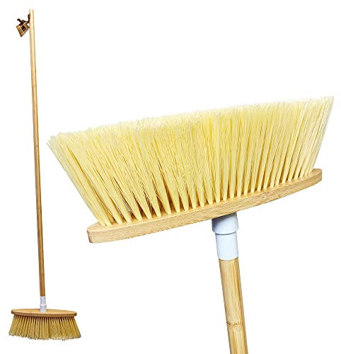 Bamboo Broom Indoor Floor Brush – Traditional Sweeping Brush Indoor Broom Made from Natural Broom Handle and Head Stock, Sustainable Bamboo Wooden Broom for Household Cleaning
