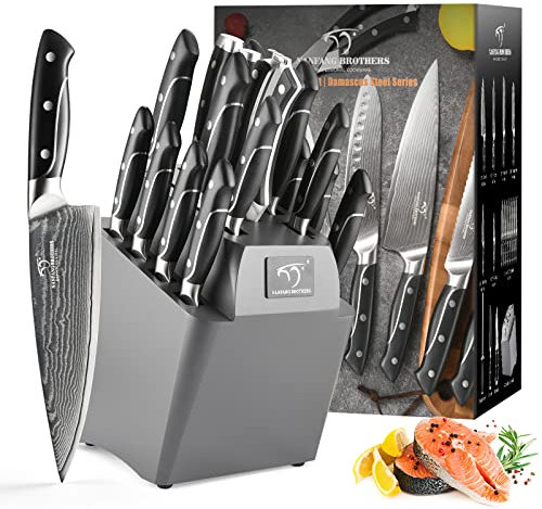 NANFANG BROTHERS Damast-Küchenmesser-Set mit gehämmerten Griffen und Holzblock, 18-teiliges überlegenes Damast-Stahl-Messer-Klingen scharfes Damast-Kochmesser