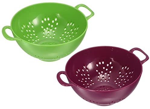 sourcing map Kitchen Colander with Handle 2Pcs, Rice Washing Strainer Plastic Fruit Pasta Drainer Basket for Vegetable Fruit-Green+Purple