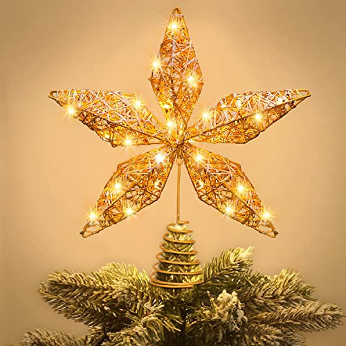 JOISHOP Christmas Tree Topper Lighted, Rose Gold Star Tree Topper with 20 LED Lights Hollow Glitter Xmas Star Tree Toppers for Christmas New Year Holiday Decorations