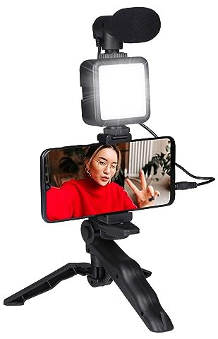 Grundig Trépied Téléphone avec Lampe - Tripod avec Microphone - LEDs avec 3 Réglages de Couleur - pour Téléphones de 53 à 84 MM - Modèle de Table et Perche à Selfies - Matériau en Plastique - Noir