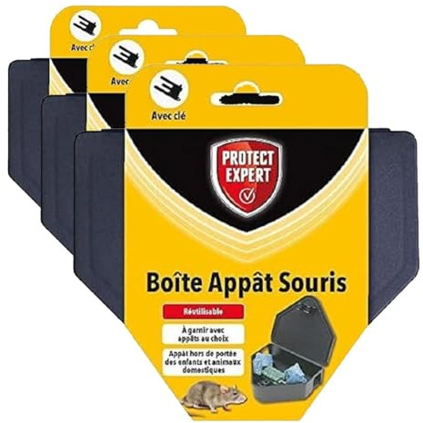 PROTECT EXPERT Boite Appât Souris - Sécurisée avec Clé de Fermeture - Réutilisable - Résistante - Tunnel Double Entrée - À Garnir avec Différents Appâts BOITSOU