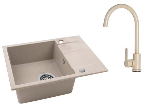 VBChome Spülbecken mit Armatur 56 x 44 cm Beige Granit Einzelbecken Einbauspüle Gesprenkelt Reversibel Granitspüle Siphon Waschbecken Beige mit Armatur