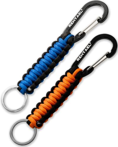 REHTAEL Carabiner Key Chain for Men/Women, Military Braided Paracord Keychain w/Hook Clip D Ring, Heavy Duty Parachute Key Lanyard for Keys/Backpack, Camping/Hiking 2Pcs (Black Blue & Black Orange)