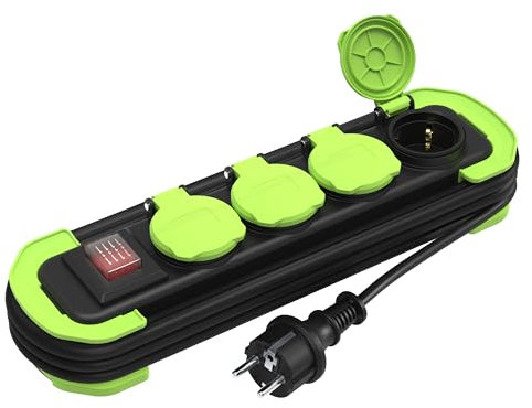 MutecPower Regletas enchufes IP44 regleta 4 enchufes con Interruptor para Exterior, alargador con 4 Tomas Contacto de protección con Tapas y Cable Enrollable de 3m 16A/250V H05RR-F3G1,5 Negro/Verde
