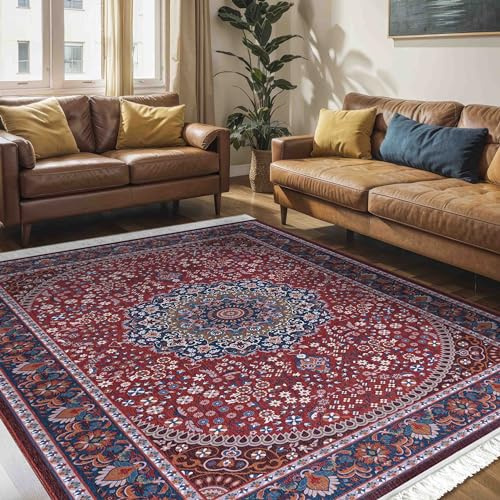 Mazovia Groß Teppich Wohnzimmer 200x300cm Rot Vintage Traditionell Stilvoll | Teppich für Schlafzimmer Büro Esszimmer Eingangsbereich Rutschfest Maschinenwaschbar Wetterfest Pflegeleicht Kurzflor Elegant