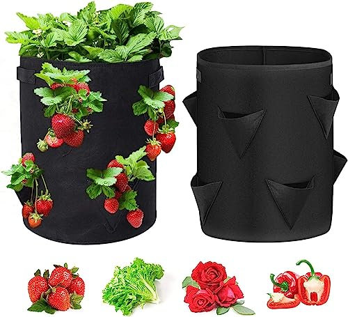 MOLENCO Pflanzsack Erdbeeren, 2 Pack 10 Gallonen Pflanzen Tasche, Vliesstoff Pflanzsäcke mit Griffen und 8 Seitliche Anbautaschen Pflanzsäcke für Gemüse Blumen(Schwarz 45 x 35 cm)