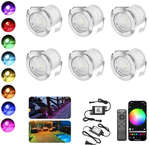 INDARUN Lampe au Sol Spot Encastrable+Wifi contrôleur-Lumière RGB DC12V 0.5W étanche IP67 Ø30mm-éclairage pour terrasse, patio, chemin, mur, jardin, décoration, intérieur et extérieur, 6 pièces