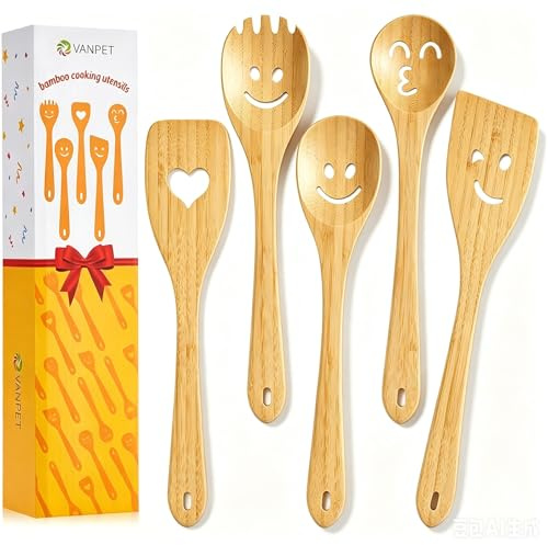 Juego de utensilios de cocina de madera, bonito juego de espátulas, divertidos utensilios de cocina de bambú, regalos únicos para el día de la madre para cocineros, anfitrionas, mamá, abuela, esposa,
