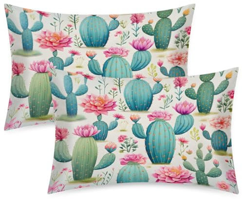 TULIMET Flower Cactus Satin Pillowcase with Zipper for Hair and Skin Pillow Cases Queen Size Set of 2 Cooling Soft Pillow Covers 20x30 Inches