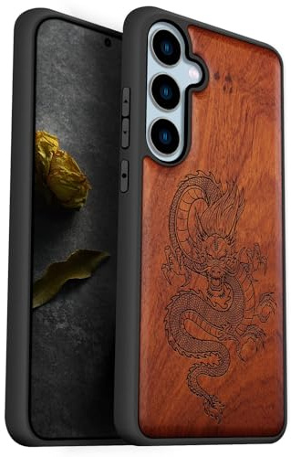 Carveit Handyhülle für Galaxy S24 FE Case [Holz und TPU Silikon Hybrid hülle] handyhulle Kompatibel mit Samsung S24 FE Hull Cover（Pflaumenfarbe-Drachen）