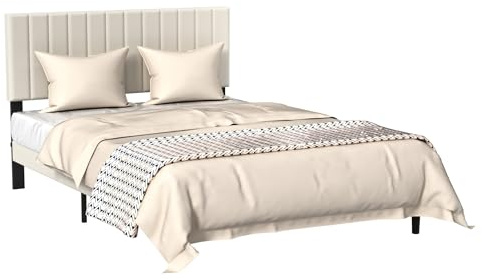 FIVMEN Bettgestell 140x200 cm Bettrahmen Metallbett mit Samt Kopfteil und Lattenrost Jugendbett Gästebett Einzelbett für Schlafzimmer Gästezimmer, Beige