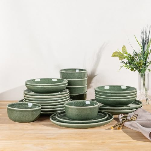 GBHOME Dinner Set for 6, 24 Piece Stoneware Set - Round Reactive Glaze Plates & Bowls, Highly Chip and Crack Resistant | Dishwasher and Microwave Safe Crockery Set