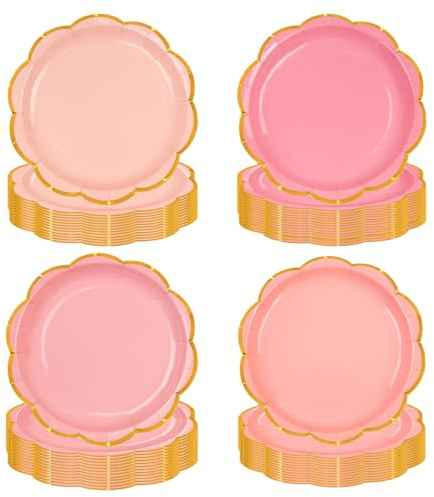 EVYIENEN Lot de 48 assiettes à dessert jetables roses de 18 cm, avec dégradé de feuille d'or en forme d'éventail, pour enterrements de vie de jeune fille, baby shower, remise de diplôme et mariage