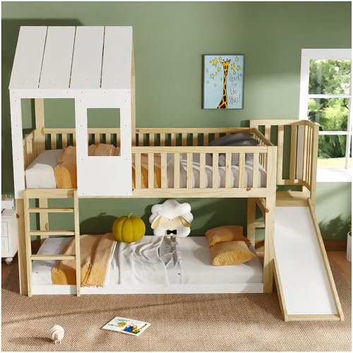 Zubaliya Lit superposé Enfants 90x200cm avec Toboggan,lit cabane Enfants avec Toit et fenêtre,avec Protection antichute et barreaux,Cadre de lit Enfant 90x200 avec sommier à Lattes,Naturel+Blanc