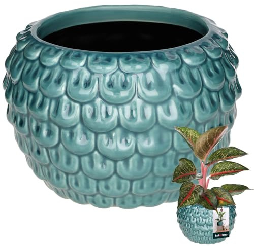 KOTARBAU® Kunstvoller Blumentopf-Keramik groß Vintage Fischschuppen-Muster handgefertigt ⌀ 17 cm Höhe 13 cm Blumenübertopf Keramik-Blumentopf Blau & Turkisfarbe Orchideentopf