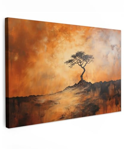 MuchoWow© Leinwand Groß XXL Deko Schlafzimmer Aesthetic Leinwandbilder | 120x80 cm - Wohnzimmer Gemälde Foto Geschenk Living Room Decoration Baum - Landschaft - Orange