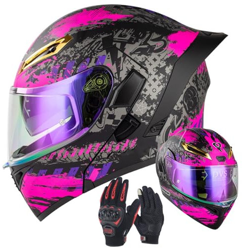 VHVYWY Casco da Moto Donna Omologato con Doppia Visiera, Caschi Integrale Apribile Anticollisione con Guanti per Kart, Scooter, Jet, Ciclomotore 01,S