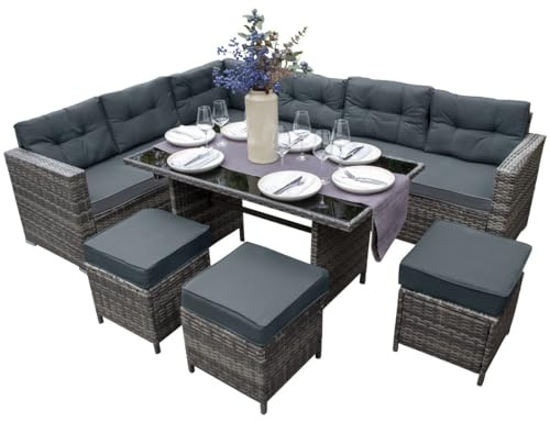 Sitzgruppe Lounge Gartenmöbel Sitzecke Rattan Polyrattan Gartengarnitur Grau Ecksofa Hocker Tisch mit Glasplatte UV-Schutz Wasserdicht Graue Sitzkissen Rückenkissen Garten GRATIS Regenshutzhülle
